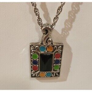 Shelly Brown Necklace & Earrings Set New Silver Enamel Painted 24" Chain